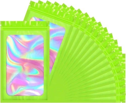 Vista 8 de 100 bolsas holográficas de tereftalato de polietileno, bolsas transparentes resellables, bolsa a prueba de olores, bolsa para pulseras, decoraciones