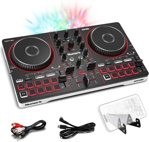 Vista 9 de Numark Party Mix Live DJ Controller con altavoces, luces, 2 cubiertas, mezclador, interfaz de audio y Serato Lite