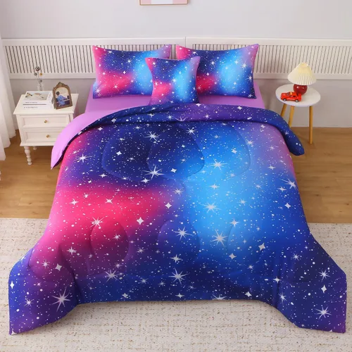 Vista 11 de JQinHome Juego de edredón con purpurina, tamaño individual, juego de ropa de cama en una bolsa de 6 piezas en 3D colorido degradado para niñas