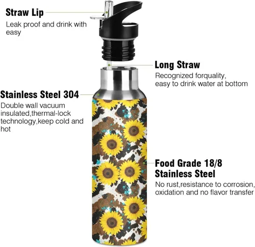 Vista 3 de Yellow Sunflowers Rustic Cow Print Stainless Steel Water Bottle 20 Oz Leakproof Water Bottles, BPA-Free Sport Water Bottle Insulated