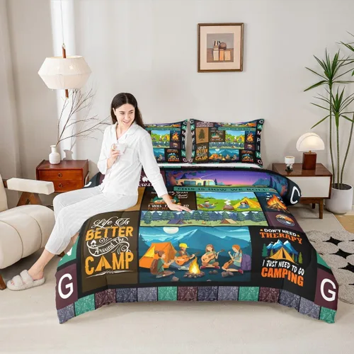 Vista 9 de Juego de ropa de cama con temática de cámper, juego de edredón de cabaña de madera marrón y verde, tamaño matrimonial, 3 piezas, decoración de Multi