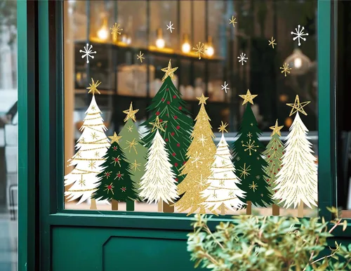 Vista 8 de Whaline 9 hojas de Navidad para ventana, calcomanías para ventana, acuarela, árbol de Navidad, bola de invierno, bosque