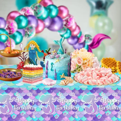 Vista 5 de 1 mantel de sirena – Mantel de sirena de feliz cumpleaños, mantel rectangular de plástico desechable con diseño de sirenas para decoración