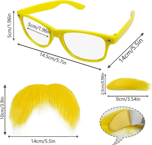 Vista 2 de AIHSUMC Bigote amarillo y cejas con gafas, accesorios de disfraz de Halloween para adultos y niños, barba falsa divertida fiesta recuerdo cosplay