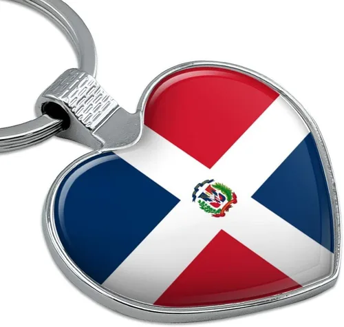 Vista 2 de Llavero con diseño de bandera de país de República Dominicana con corazón y corazón, Cromado