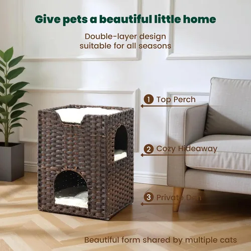 Vista 3 de Cama para gatos de interior, un elegante escondite para gatos y una casa para gatos, cama tipo cueva de ratán tejida a mano con cojín suave, cubos
