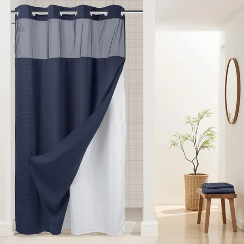 Vista 25 de Cortina de baño River Dream de gran peso sin ganchos necesarios con diseño de gofre punteado y forro a presión - 36W x 74H, de calidad hotelera