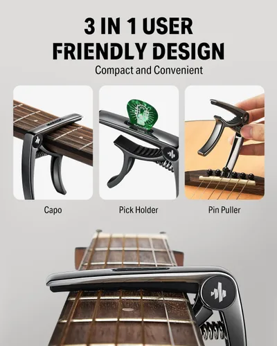 Vista 3 de Donner Cejilla para guitarra eléctrica y acústica DC-2, Ukelele Capo Negro con 4 púas