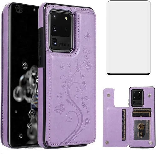 Vista 9 de Funda de teléfono para Samsung Galaxy S20 Ultra Glaxay S20ultra 5G con protector de pantalla de vidrio templado, tarjetero con soporte para Negro