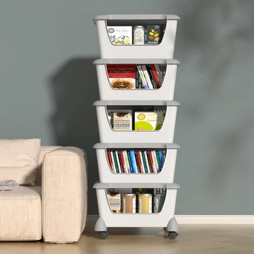 Vista 4 de Morcte Paquete de 5 cestas de almacenamiento apilables de plástico con tapas, cesta organizadora apilable con ruedas, color gris Stacking