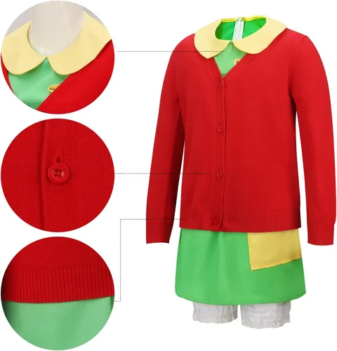 Vista 5 de ZIFUNMUR Women Girls Chilindrina Costume Green Dress Red Knit Cardigan Shorts Glasses Full Set Halloween Cosplay Outfit