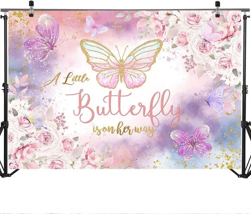 Vista 3 de Mocsicka Telón de fondo floral de mariposa para baby shower, acuarela rosa y morado floral, A Little Butterfly is On Her Way Girl Baby Shower