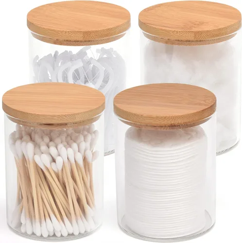 Vista 9 de BKYFPQ Juego de 2 dispensadores de vidrio para Qtip - Tarros de boticario con tapas, organizador de maquillaje de tocador y organizador