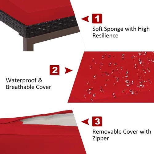 Vista 3 de RELAX4LIFE Tumbona para exteriores, silla de piscina de ratán ajustable de 5 posiciones con cojín, silla reclinable, marco de metal, tumbona de Rojo