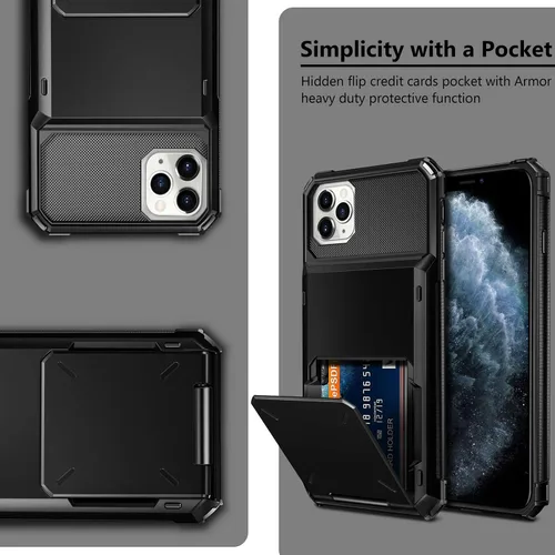 Vista 5 de Vofolen Compatible con iPhone 11 Pro Max Funda protectora de 4 tarjetas, cartera con ranura para identificación, puerta abatible, bolsillo oculto