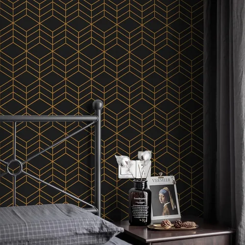 Vista 3 de LiKiLiKi Papel tapiz autoadhesivo negro y dorado, diseño geométrico moderno, 17.3 x 118 pulgadas, vinilo decorativo extraíble para cajones