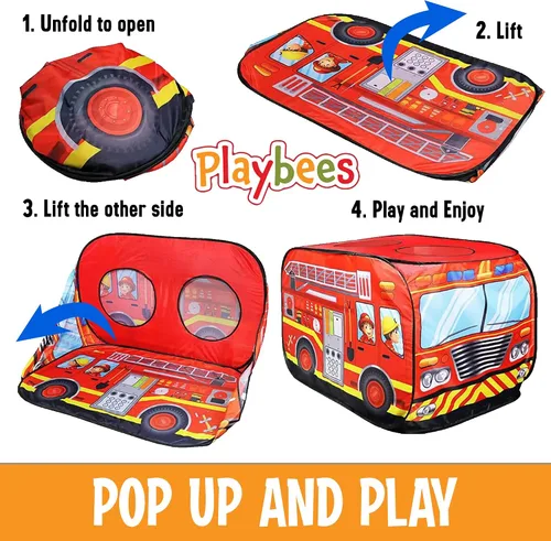 Vista 3 de Playbees Tienda de Campaña Musical Emergente de Camión de Bomberos con 3 Aberturas - Tienda de Juego de Rol de Bombero - Sirenas y Sonidos