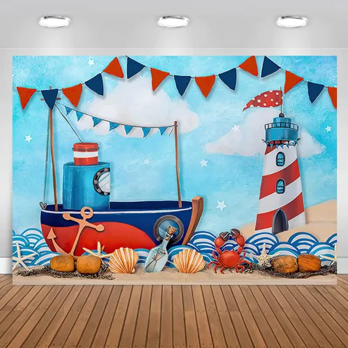 Vista 2 de Fondos de fotografía náutica de verano para vacaciones, velero, faro para niños, decoración de fondo de cumpleaños para niños, fiesta temática