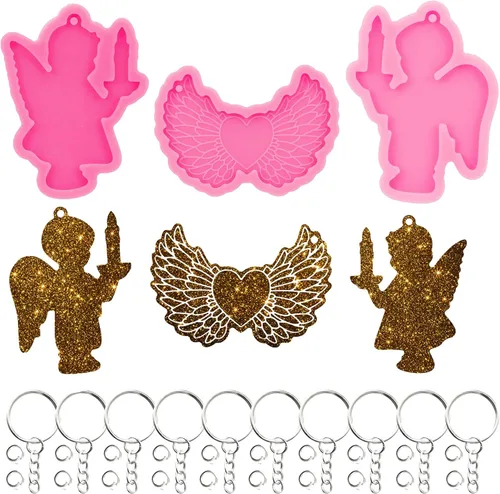 Vista 6 de Angel Wings Kit de 33 moldes de silicona para hacer manualidades de ángel y niña, alas de corazón de ángel, para manualidades, llaveros, colgantes