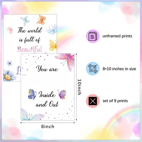 Vista 2 de Zonon Juego de 9 piezas de decoración de pared de mariposa en acuarela, con cita inspiradora de mariposas, 8 x 10 pulgadas, frases motivacionales