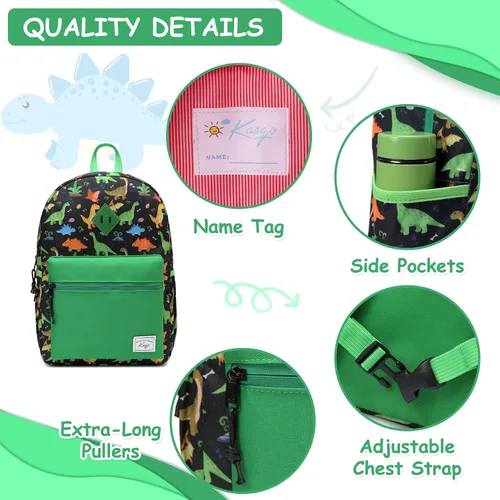 Vista 4 de Kasqo Mochila infantil para niños y niñas, mochila escolar de jardín de Dinosaurio Negro