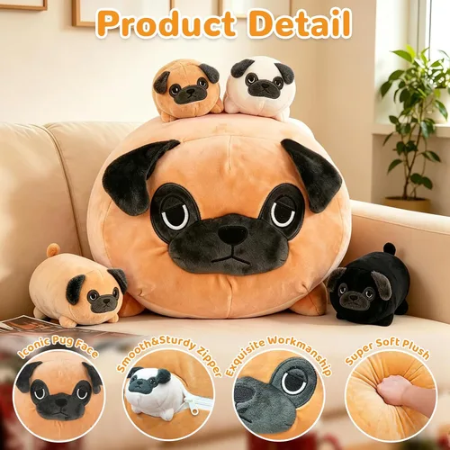 Vista 2 de MMguai Peluche Suave de Bulldog Lindo Bulldog Francés Animales de Peluche con 4 Peluches de Cachorro Bebé en su Barriga, Almohada Blanda Grande