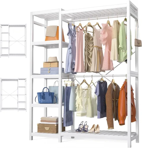Vista 16 de Homykic Perchero de bambú para colgar ropa, perchero resistente con estantes ajustables de 7 niveles, varillas dobles, 4 ganchos, sistema de armario