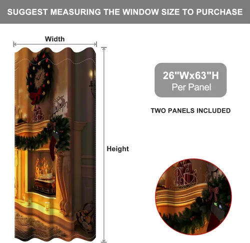 Vista 34 de Cortinas con adornos de Navidad impresos, cortinas para ventana de chimenea, calcetines de Navidad, árboles de Navidad, regalos, paneles opacos