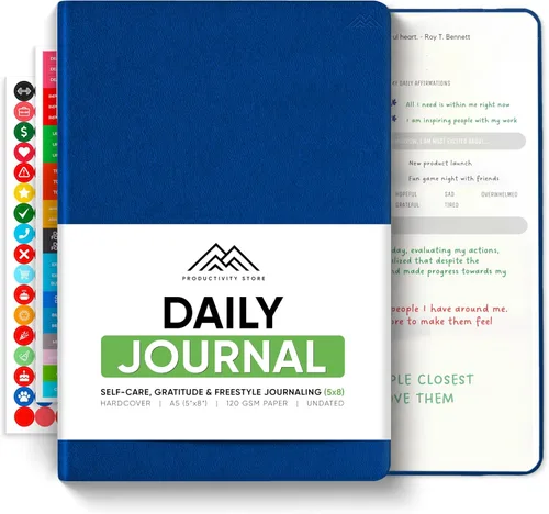 Vista 9 de El mejor diario diario para hombres y mujeres, gratitud, manifestación y diario guiado con indicaciones para el crecimiento personal (A5, azul)