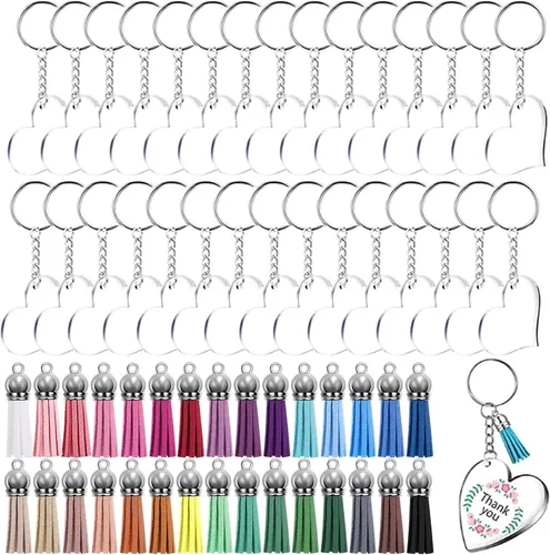 Vista 9 de Vilihkc - Juego de 120 llaveros acrílicos en blanco, incluye 30 piezas de acrílico en blanco, 30 borlas, 30 llaveros y 30 anillos de salto