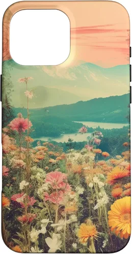 Vista 19 de iPhone 16 Boho Mountain Moon Phases Floral Aesthetic Chic Retro Sunset Case