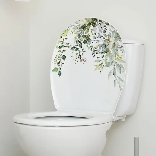 Vista 4 de Calcomanías Autoadhesivas para Tapa de Asiento de Inodoro con Hojas Verdes de Plantas y Flores Calcomanías de Pared para Baño Calcomanías Florales