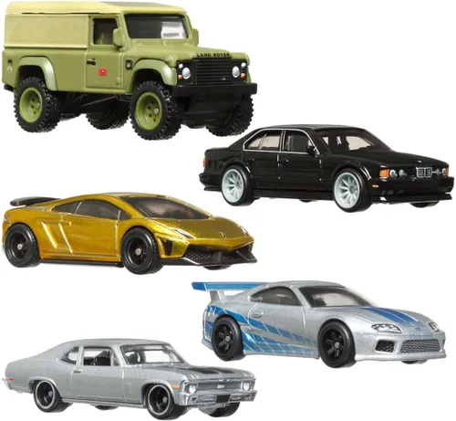 Vista 2 de Hot Wheels Fast & Furious Premium - Paquete de 5 unidades 2023 (HNW46‑956D) Toyota Supra, Land Rover Defender, Chevy Nova SS, BMW M5 y Lamborghini