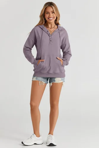 Vista 3 de Dokotoo Sudaderas con Capucha para Mujer 2025 con Cuello de Botón Cordón Ajustable Sudadera con Capucha Pullover Casual de Manga Larga Tops Camisetas