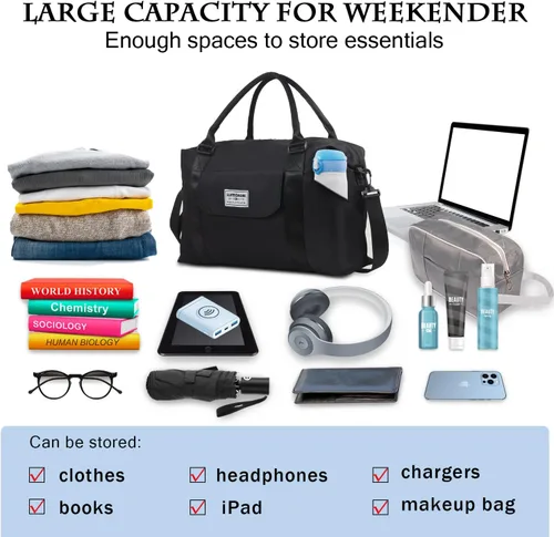 Vista 3 de SUPROMOMI Bolsa de lona de viaje, bolsa deportiva para gimnasio, bolsas de transporte para aviones, fin de semana de hombro con bolsillo húmedo