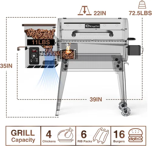 Vista 6 de KingChii Parrilla eléctrica portátil de pellets de madera y ahumador con patas plegables, capacidad de parrilla de 456 pulgadas cuadradas, tolva