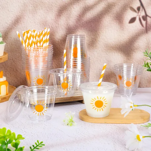 Vista 4 de Whaline 100 vasos de plástico desechables estilo bohemio de 9 onzas con tapas y pajitas, lindos vasos de bebida fría con sol amarillo para café