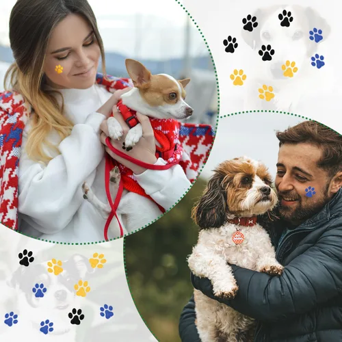Vista 7 de 30 hojas de 240 tatuajes temporales con purpurina de pata de perro, tatuajes faciales con estampado de patas, tatuajes corporales de pata de perro