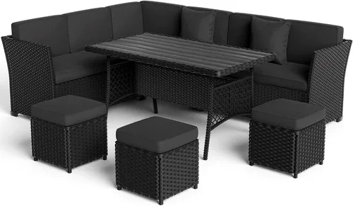 Vista 7 de Juego de muebles de patio, 7 piezas, juego de comedor al aire libre, juego de conversación de ratán para todo tipo de clima, sofá modular de comedor