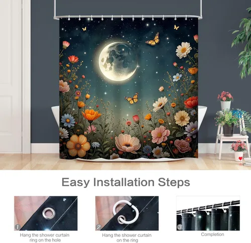 Vista 4 de Vimorco Cortinas de ducha, cortina floral para baño con 12 ganchos, tela de poliéster decorativa para el hogar, lavable a máquina, accesorios