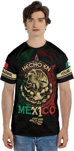 Vista 4 de Camiseta personalizada con nombre de México, camisetas con nombre personalizado, bandera azteca mexicana de EE. UU., unisex 3D impreso, para hombres