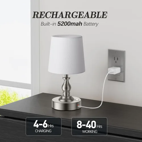 Vista 3 de PARTPHONER Mini lámpara de mesa LED inalámbrica, lámpara recargable con batería de 5200 mAh, lámpara operada por batería, 3 niveles de brillo