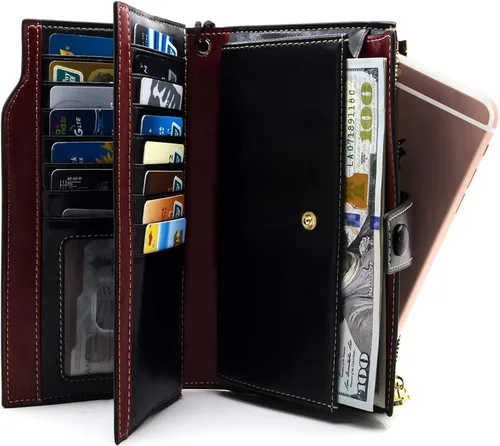 Vista 3 de ANDOILT Cartera de cuero genuino con bloqueo RFID de gran capacidad para mujer, organizador de tarjetas