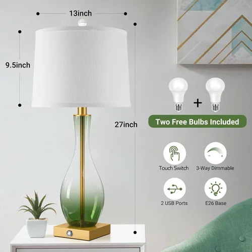 Vista 27 de Juego de 2 lámparas de mesa de cristal de 27 pulgadas con puertos USB, lámparas táctiles para mesita de noche 3-Way Dimmable,E26 Base, Bulbs