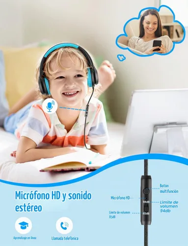 Vista 2 de Voopwink Auriculares para niños con micrófono, auriculares con cable sobre la oreja con volumen limitado de 85 dB/ 94 dB para niños, niñas Negro-Azul