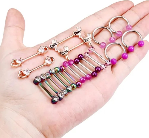 Vista 4 de Ocptiy Anillos morados para pezón para mujer, 14G, acero quirúrgico para pezón, barra de pezón, piercing para el cuerpo, joyería para mujer, Metal