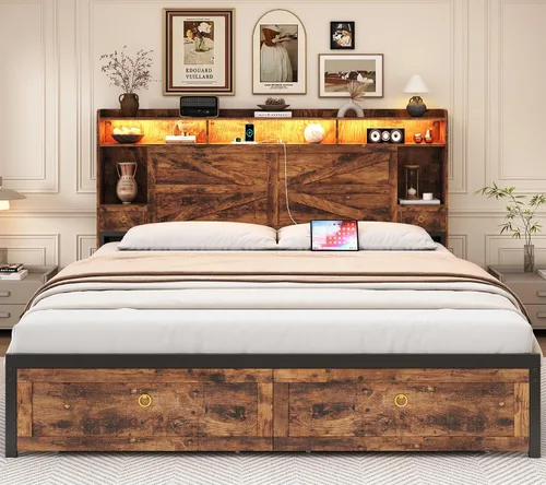 Vista 12 de TIGUBFRE - Base de cama individual con cabecera de almacenamiento, base de cama de madera estilo granja tamaño individual con 3 cajones, luz LED