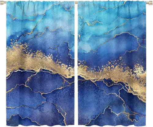 Vista 69 de Cortinas abstractas de mármol de lujo de lujo azul marino dorado a rayas con patrón de mármol estampado para dormitorio, sala de estar, cortinas