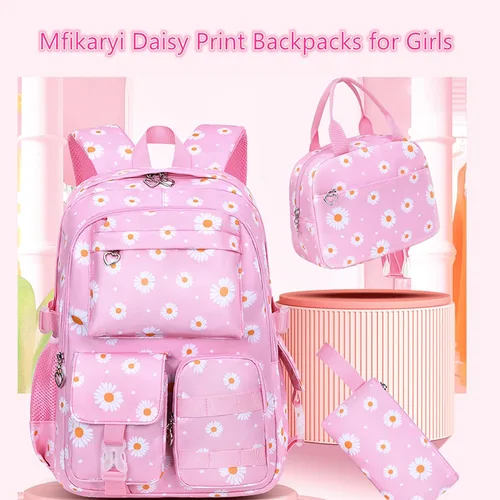Vista 2 de Mfikaryi Mochilas con estampado de margaritas para niñas, 3 piezas, con lonchera, Gris, Moda