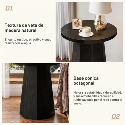 Vista 7 de Tribesigns Mesa Auxiliar Redonda de Estilo Rústico, Mesa Lateral de Madera para Sofá con Base Octagonal, Mesita de Noche Negra con Pedestal, Mueble